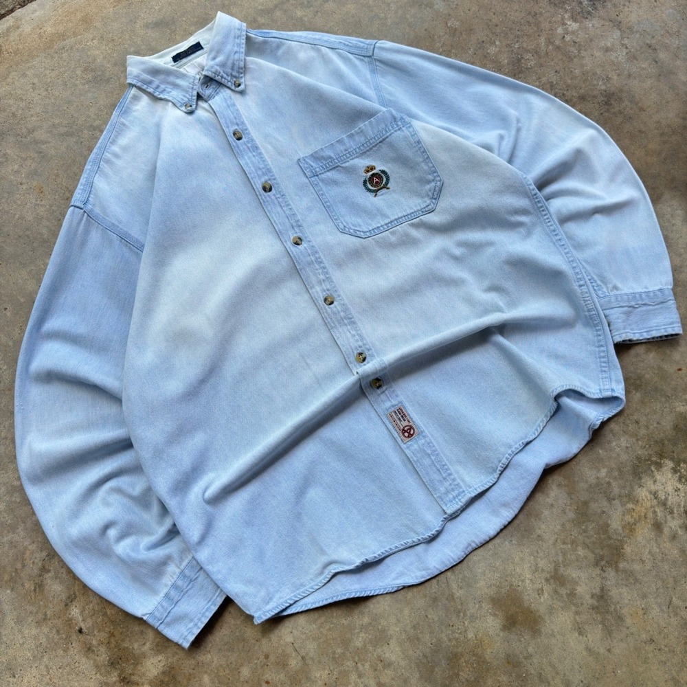 Vintage 90s Chaps Ralph Lauren Style Denim Shirt Workwear Light Wash Size M f7 - Picture 2 of 7